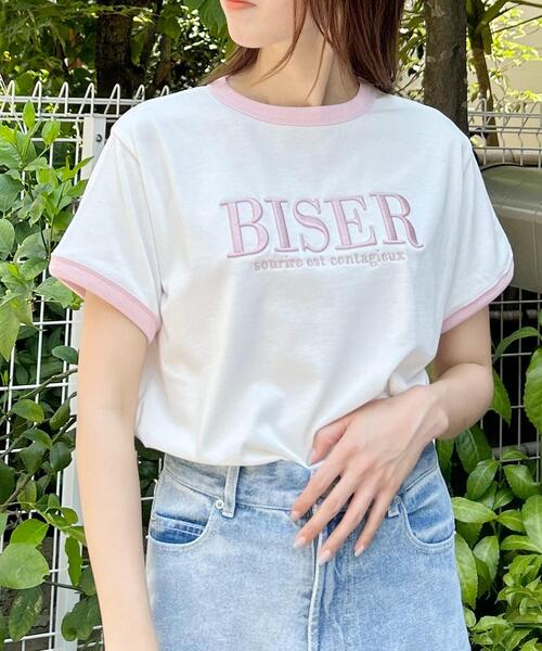 INGNI(イング)の「ふくれ刺しゅうリンガーTシャツ/A(Tシャツ/カットソー・レディース・ホワイト×ブラック/ホワイト×ピンク/ボルドー/ブラック・M)」の2枚目の写真