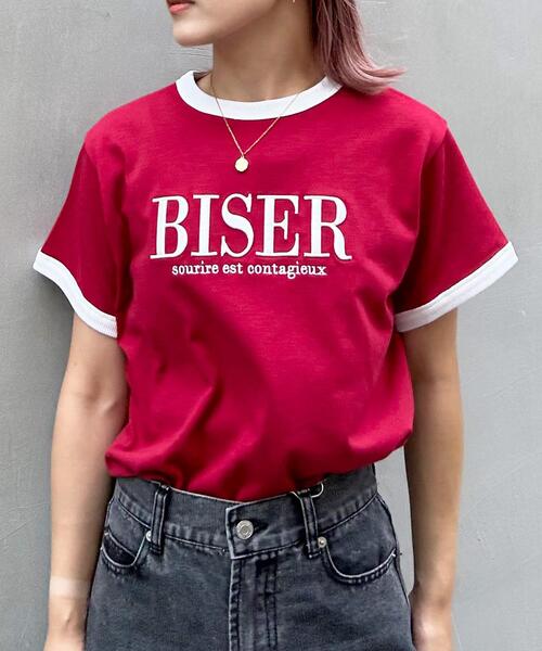 INGNI(イング)の「ふくれ刺しゅうリンガーTシャツ/A(Tシャツ/カットソー・レディース・ホワイト×ブラック/ホワイト×ピンク/ボルドー/ブラック・M)」の4枚目の写真
