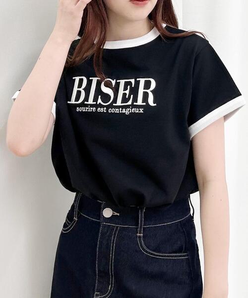 INGNI(イング)の「ふくれ刺しゅうリンガーTシャツ/A(Tシャツ/カットソー・レディース・ホワイト×ブラック/ホワイト×ピンク/ボルドー/ブラック・M)」の3枚目の写真
