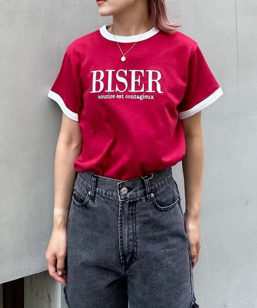 INGNI(イング)の「ふくれ刺しゅうリンガーTシャツ/A(Tシャツ/カットソー・レディース・ホワイト×ブラック/ホワイト×ピンク/ボルドー/ブラック・M)」の8枚目の写真