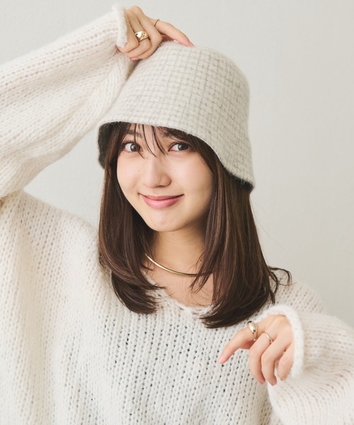 Aunt Marie's(アントマリーズ)の「シャギーチェックベルハット(ハット・レディース・チャコールグレー/アイボリー/ベージュ・FREE)」の6枚目の写真