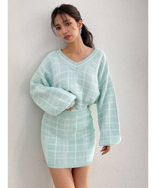 GYDA（ジェイダ）の「CHECK PATTERN チルデンニットトップス（ニット/セーター・レディース・オフホワイト/ミント・FREE）」の2枚目の写真