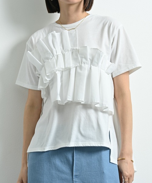 INTERPLANET（インタープラネット）の「ＴＣブロードアシメフリルＴシャツ（Tシャツ/カットソー・レディース・オフホワイト/ブラック・FREE）」の3枚目の写真