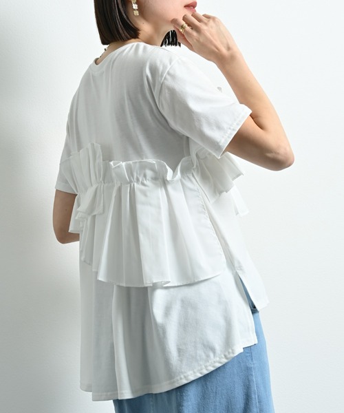 INTERPLANET（インタープラネット）の「ＴＣブロードアシメフリルＴシャツ（Tシャツ/カットソー・レディース・オフホワイト/ブラック・FREE）」の4枚目の写真