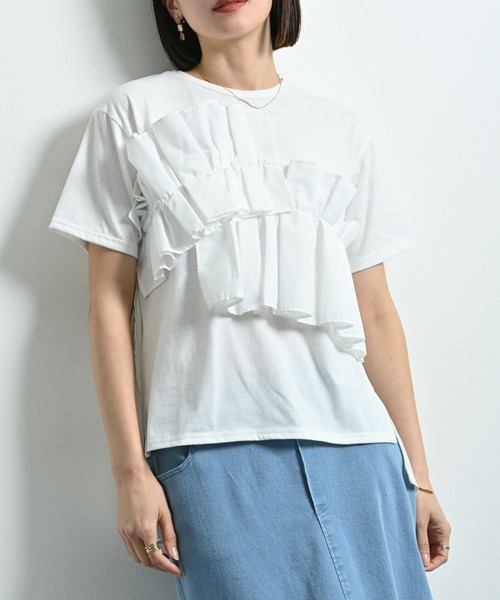 INTERPLANET（インタープラネット）の「ＴＣブロードアシメフリルＴシャツ（Tシャツ/カットソー・レディース・オフホワイト/ブラック・FREE）」の12枚目の写真