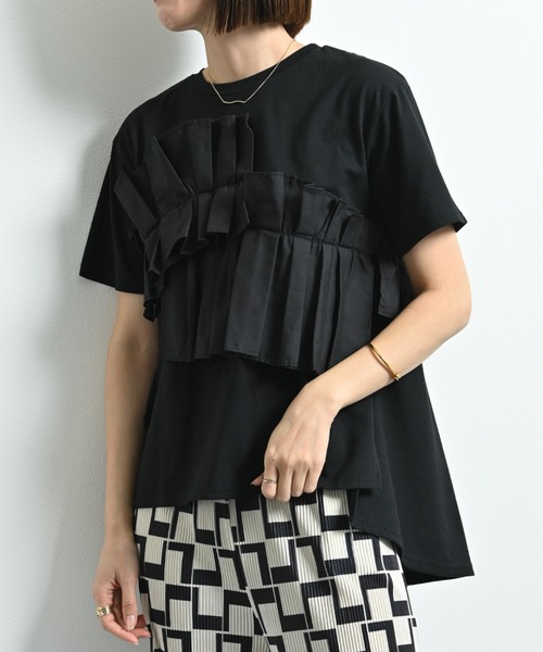 INTERPLANET（インタープラネット）の「ＴＣブロードアシメフリルＴシャツ（Tシャツ/カットソー・レディース・オフホワイト/ブラック・FREE）」の8枚目の写真