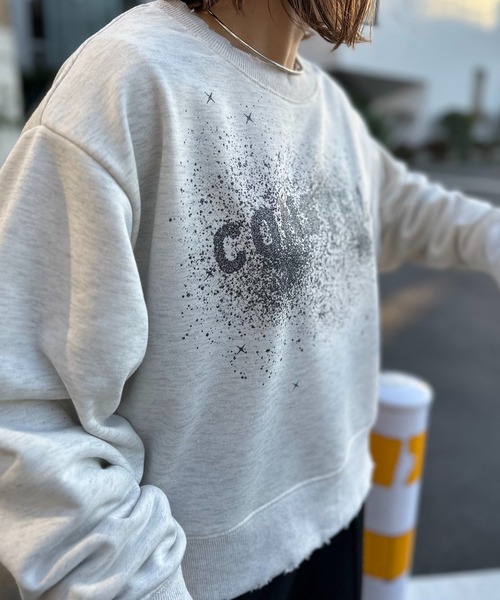 mi via loca（ミヴィアロカ）の「Vintageライク ダメージ加工 ラメプリント裏毛スウェット（スウェット・レディース・ネイビー/オートミール/ピンク・FREE）」の2枚目の写真