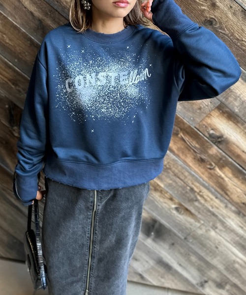 mi via loca（ミヴィアロカ）の「Vintageライク ダメージ加工 ラメプリント裏毛スウェット（スウェット・レディース・ネイビー/オートミール/ピンク・FREE）」の19枚目の写真