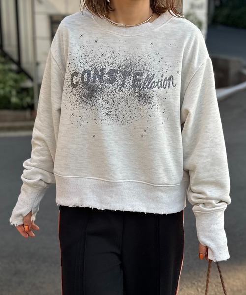 mi via loca（ミヴィアロカ）の「Vintageライク ダメージ加工 ラメプリント裏毛スウェット（スウェット・レディース・ネイビー/オートミール/ピンク・FREE）」の12枚目の写真