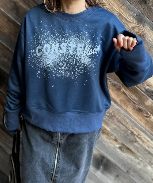 mi via loca（ミヴィアロカ）の「Vintageライク ダメージ加工 ラメプリント裏毛スウェット（スウェット・レディース・ネイビー/オートミール/ピンク・FREE）」の21枚目の写真