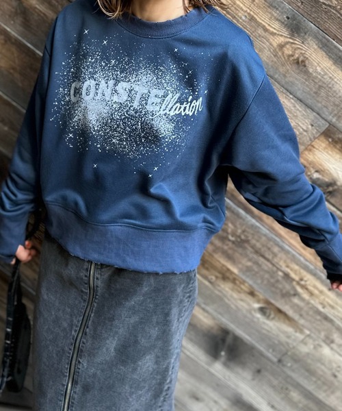 mi via loca（ミヴィアロカ）の「Vintageライク ダメージ加工 ラメプリント裏毛スウェット（スウェット・レディース・ネイビー/オートミール/ピンク・FREE）」の20枚目の写真