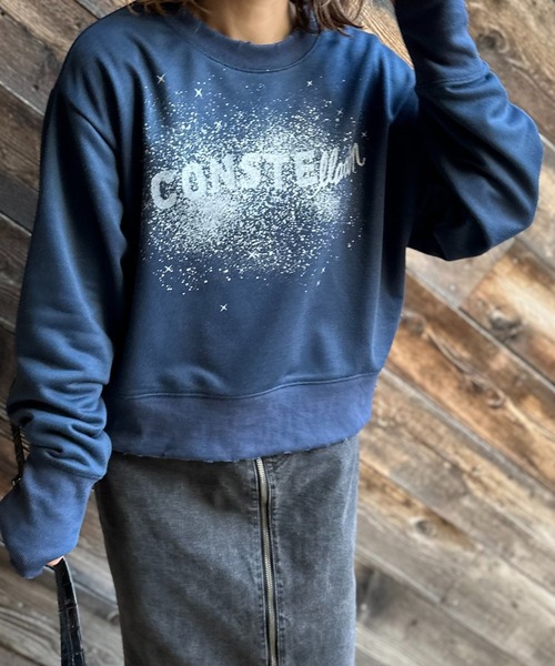 mi via loca（ミヴィアロカ）の「Vintageライク ダメージ加工 ラメプリント裏毛スウェット（スウェット・レディース・ネイビー/オートミール/ピンク・FREE）」の15枚目の写真