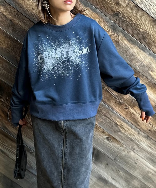 mi via loca（ミヴィアロカ）の「Vintageライク ダメージ加工 ラメプリント裏毛スウェット（スウェット・レディース・ネイビー/オートミール/ピンク・FREE）」の13枚目の写真