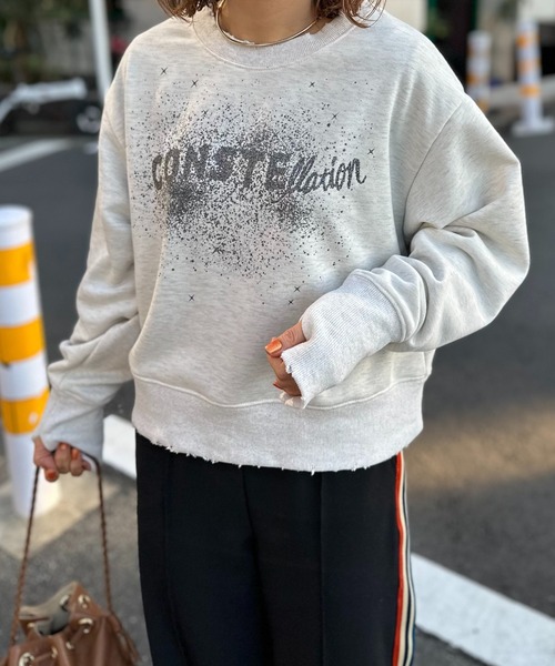 mi via loca（ミヴィアロカ）の「Vintageライク ダメージ加工 ラメプリント裏毛スウェット（スウェット・レディース・ネイビー/オートミール/ピンク・FREE）」の6枚目の写真