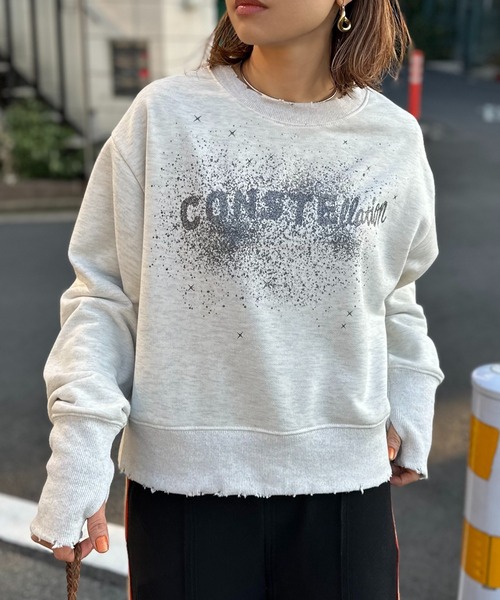 mi via loca（ミヴィアロカ）の「Vintageライク ダメージ加工 ラメプリント裏毛スウェット（スウェット・レディース・ネイビー/オートミール/ピンク・FREE）」の8枚目の写真