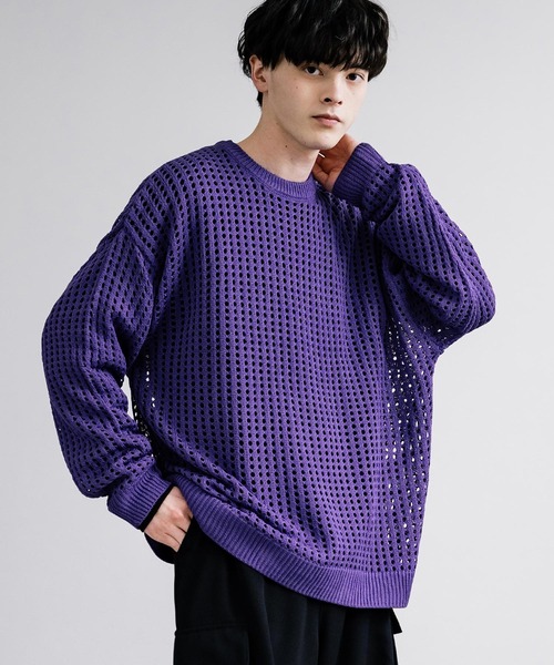 Rocky Monroe(ロッキーモンロー)の「オーバーサイズメッシュ編みクルーネックニット(ニット/セーター・メンズ・ブラック/アイボリー/グレー/ブルー/チャコール/パープル/マスタード・M/L)」の7枚目の写真
