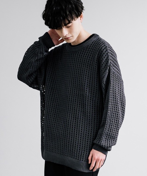 Rocky Monroe(ロッキーモンロー)の「オーバーサイズメッシュ編みクルーネックニット(ニット/セーター・メンズ・ブラック/アイボリー/グレー/ブルー/チャコール/パープル/マスタード・M/L)」の1枚目の写真