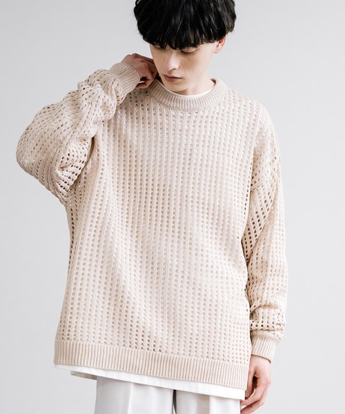 Rocky Monroe(ロッキーモンロー)の「オーバーサイズメッシュ編みクルーネックニット(ニット/セーター・メンズ・ブラック/アイボリー/グレー/ブルー/チャコール/パープル/マスタード・M/L)」の3枚目の写真