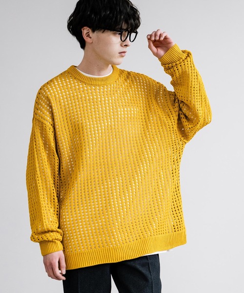 Rocky Monroe(ロッキーモンロー)の「オーバーサイズメッシュ編みクルーネックニット(ニット/セーター・メンズ・ブラック/アイボリー/グレー/ブルー/チャコール/パープル/マスタード・M/L)」の2枚目の写真