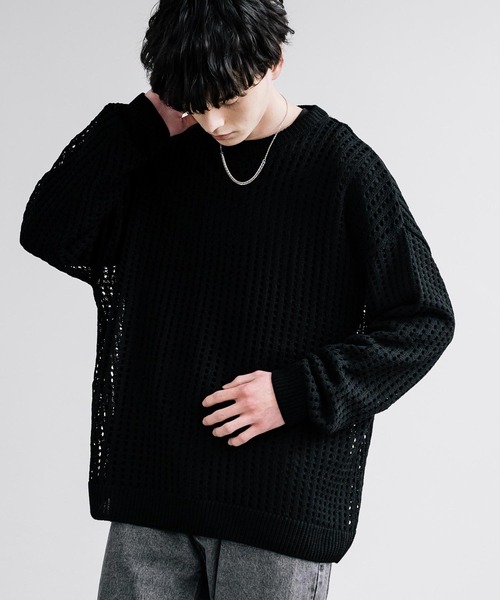 Rocky Monroe(ロッキーモンロー)の「オーバーサイズメッシュ編みクルーネックニット(ニット/セーター・メンズ・ブラック/アイボリー/グレー/ブルー/チャコール/パープル/マスタード・M/L)」の4枚目の写真
