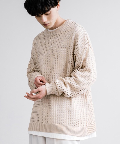Rocky Monroe(ロッキーモンロー)の「オーバーサイズメッシュ編みクルーネックニット(ニット/セーター・メンズ・ブラック/アイボリー/グレー/ブルー/チャコール/パープル/マスタード・M/L)」の8枚目の写真