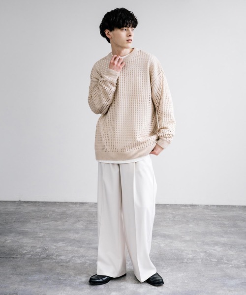 Rocky Monroe(ロッキーモンロー)の「オーバーサイズメッシュ編みクルーネックニット(ニット/セーター・メンズ・ブラック/アイボリー/グレー/ブルー/チャコール/パープル/マスタード・M/L)」の10枚目の写真