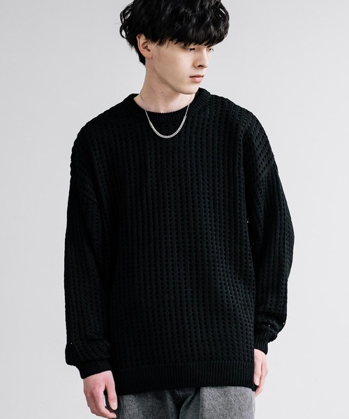 Rocky Monroe(ロッキーモンロー)の「オーバーサイズメッシュ編みクルーネックニット(ニット/セーター・メンズ・ブラック/アイボリー/グレー/ブルー/チャコール/パープル/マスタード・M/L)」の11枚目の写真