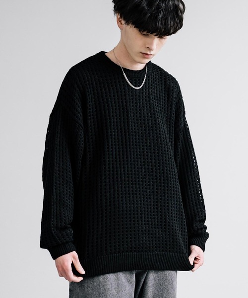 Rocky Monroe(ロッキーモンロー)の「オーバーサイズメッシュ編みクルーネックニット(ニット/セーター・メンズ・ブラック/アイボリー/グレー/ブルー/チャコール/パープル/マスタード・M/L)」の12枚目の写真