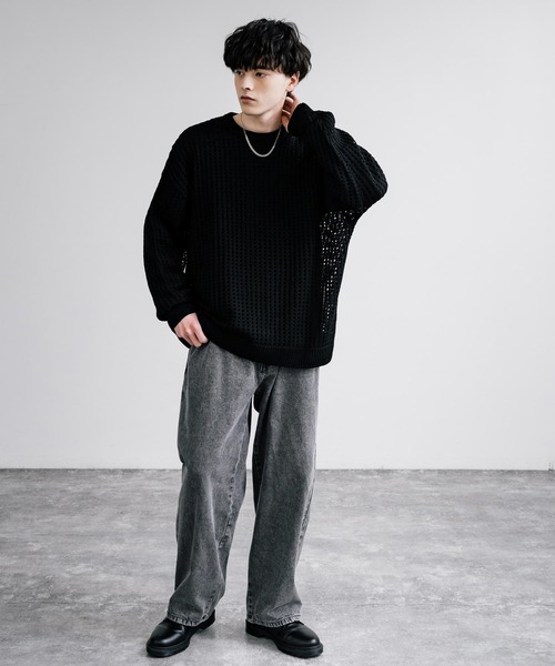 Rocky Monroe(ロッキーモンロー)の「オーバーサイズメッシュ編みクルーネックニット(ニット/セーター・メンズ・ブラック/アイボリー/グレー/ブルー/チャコール/パープル/マスタード・M/L)」の13枚目の写真