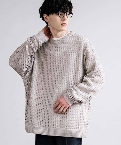 Rocky Monroe(ロッキーモンロー)の「オーバーサイズメッシュ編みクルーネックニット(ニット/セーター・メンズ・ブラック/アイボリー/グレー/ブルー/チャコール/パープル/マスタード・M/L)」の14枚目の写真