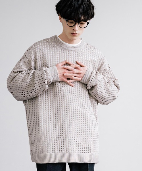 Rocky Monroe(ロッキーモンロー)の「オーバーサイズメッシュ編みクルーネックニット(ニット/セーター・メンズ・ブラック/アイボリー/グレー/ブルー/チャコール/パープル/マスタード・M/L)」の15枚目の写真
