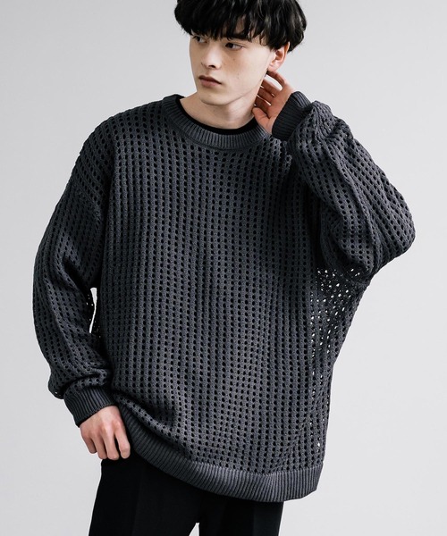 Rocky Monroe(ロッキーモンロー)の「オーバーサイズメッシュ編みクルーネックニット(ニット/セーター・メンズ・ブラック/アイボリー/グレー/ブルー/チャコール/パープル/マスタード・M/L)」の17枚目の写真