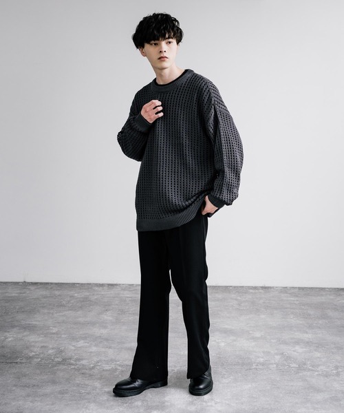 Rocky Monroe(ロッキーモンロー)の「オーバーサイズメッシュ編みクルーネックニット(ニット/セーター・メンズ・ブラック/アイボリー/グレー/ブルー/チャコール/パープル/マスタード・M/L)」の19枚目の写真