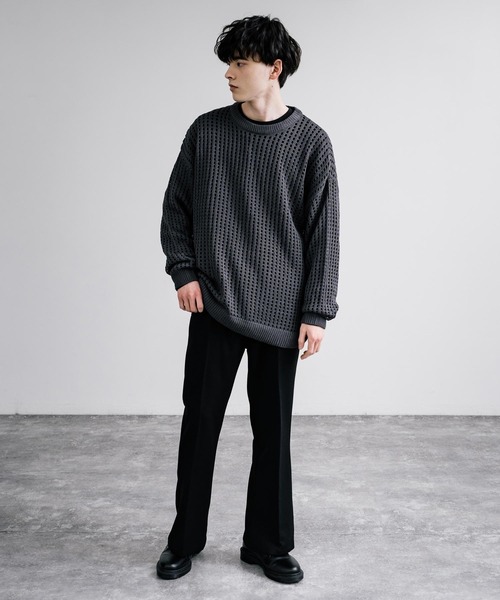 Rocky Monroe(ロッキーモンロー)の「オーバーサイズメッシュ編みクルーネックニット(ニット/セーター・メンズ・ブラック/アイボリー/グレー/ブルー/チャコール/パープル/マスタード・M/L)」の20枚目の写真