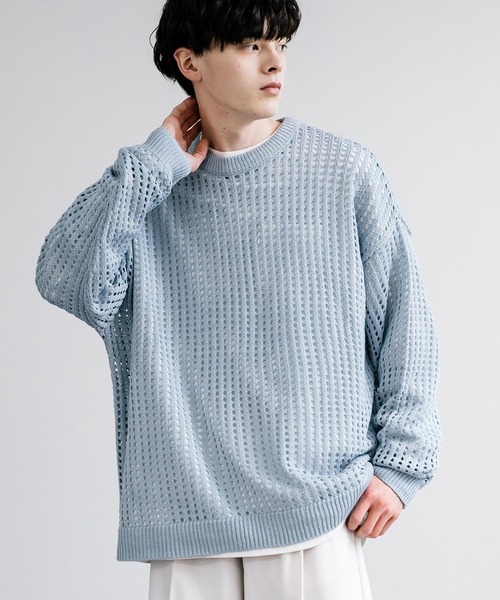 Rocky Monroe(ロッキーモンロー)の「オーバーサイズメッシュ編みクルーネックニット(ニット/セーター・メンズ・ブラック/アイボリー/グレー/ブルー/チャコール/パープル/マスタード・M/L)」の21枚目の写真