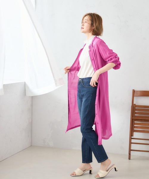 Petit Honfleur（プチオンフルール）の「シアーサマーシャツワンピース（ワンピース・レディース・ピンク/ネイビー/アイボリー・9号/11号/13号）」の4枚目の写真