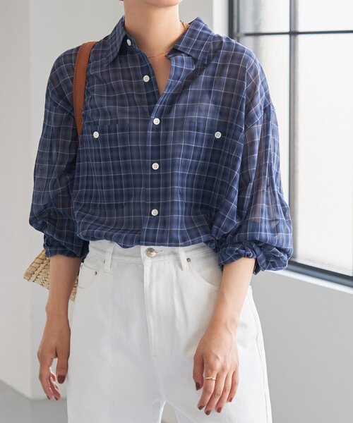 極美品✨スピックアンドスパン　コットンボイルチェックシャツ　ブルー　ゆったり Spick & Span（スピックアンドスパン）の「≪追加≫コットン