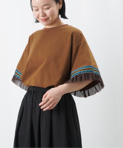 LUCA/LADY LUCK LUCA（ルカ/レディラックルカ）の「LC/LLL メッシュフリルラインTシャツ / 配色ラインテープ×メッシュワイドTee（Tシャツ/カットソー・レディース・オフホワイト/ブラック/ブラウン・FREE）」の2枚目の写真