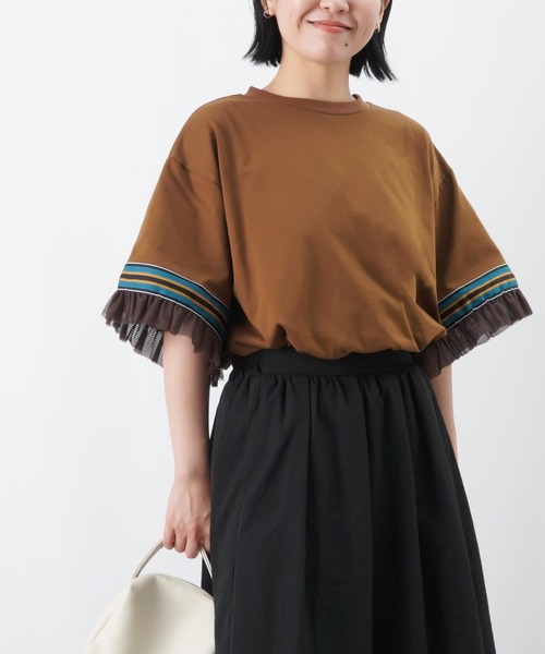 LUCA/LADY LUCK LUCA（ルカ/レディラックルカ）の「LC/LLL メッシュフリルラインTシャツ / 配色ラインテープ×メッシュワイドTee（Tシャツ/カットソー・レディース・オフホワイト/ブラック/ブラウン・FREE）」の4枚目の写真