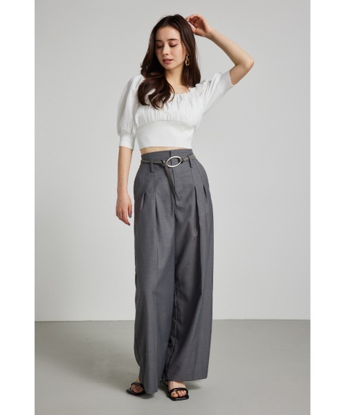 rienda（リエンダ）の「バストギャザークロップハーフスリーブニットトップス 半袖 夏服 サマーニット（ニット/セーター・レディース・ブラック/ライトピンク/ライトブルー/ホワイト・FREE）」の7枚目の写真