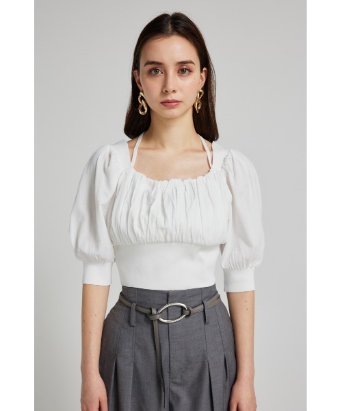 rienda（リエンダ）の「バストギャザークロップハーフスリーブニットトップス 半袖 夏服 サマーニット（ニット/セーター・レディース・ブラック/ライトピンク/ライトブルー/ホワイト・FREE）」の8枚目の写真