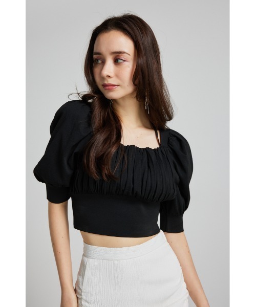 rienda（リエンダ）の「バストギャザークロップハーフスリーブニットトップス 半袖 夏服 サマーニット（ニット/セーター・レディース・ブラック/ライトピンク/ライトブルー/ホワイト・FREE）」の9枚目の写真