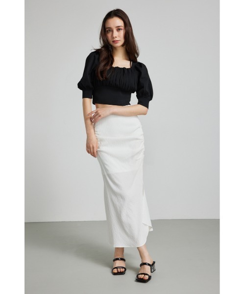 rienda（リエンダ）の「バストギャザークロップハーフスリーブニットトップス 半袖 夏服 サマーニット（ニット/セーター・レディース・ブラック/ライトピンク/ライトブルー/ホワイト・FREE）」の10枚目の写真