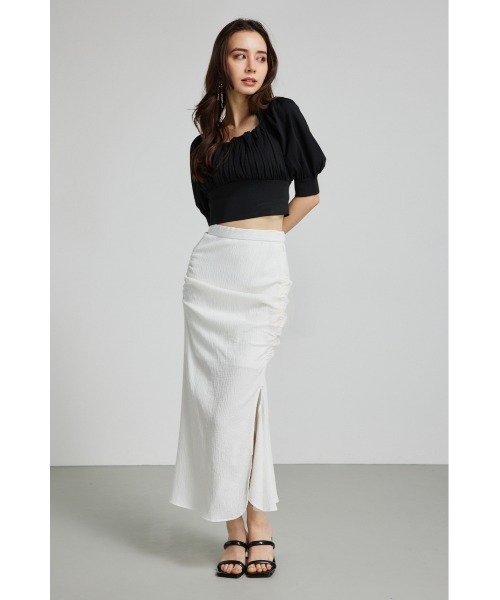 rienda（リエンダ）の「バストギャザークロップハーフスリーブニットトップス 半袖 夏服 サマーニット（ニット/セーター・レディース・ブラック/ライトピンク/ライトブルー/ホワイト・FREE）」の11枚目の写真