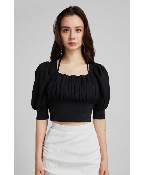 rienda（リエンダ）の「バストギャザークロップハーフスリーブニットトップス 半袖 夏服 サマーニット（ニット/セーター・レディース・ブラック/ライトピンク/ライトブルー/ホワイト・FREE）」の12枚目の写真