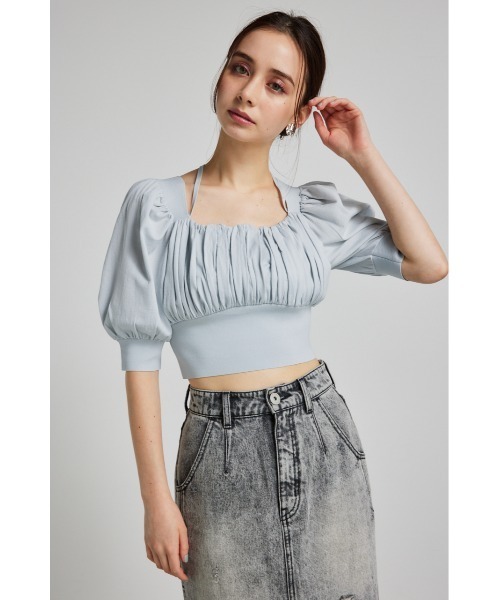 rienda（リエンダ）の「バストギャザークロップハーフスリーブニットトップス 半袖 夏服 サマーニット（ニット/セーター・レディース・ブラック/ライトピンク/ライトブルー/ホワイト・FREE）」の13枚目の写真