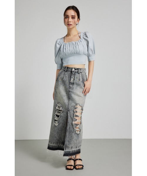 rienda（リエンダ）の「バストギャザークロップハーフスリーブニットトップス 半袖 夏服 サマーニット（ニット/セーター・レディース・ブラック/ライトピンク/ライトブルー/ホワイト・FREE）」の14枚目の写真