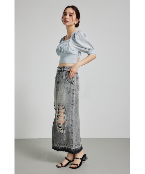 セール】バストギャザークロップハーフスリーブニットトップス 半袖