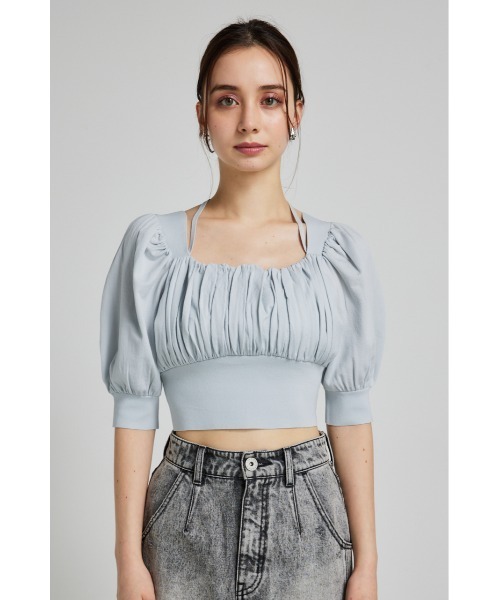 rienda（リエンダ）の「バストギャザークロップハーフスリーブニットトップス 半袖 夏服 サマーニット（ニット/セーター・レディース・ブラック/ライトピンク/ライトブルー/ホワイト・FREE）」の16枚目の写真