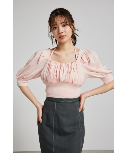 rienda（リエンダ）の「バストギャザークロップハーフスリーブニットトップス 半袖 夏服 サマーニット（ニット/セーター・レディース・ブラック/ライトピンク/ライトブルー/ホワイト・FREE）」の18枚目の写真